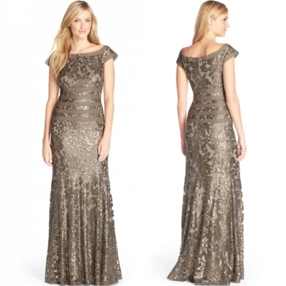 Tadashi Shoji Mesh Sequin Mermaid Gown in Smoke Pearl Size 6